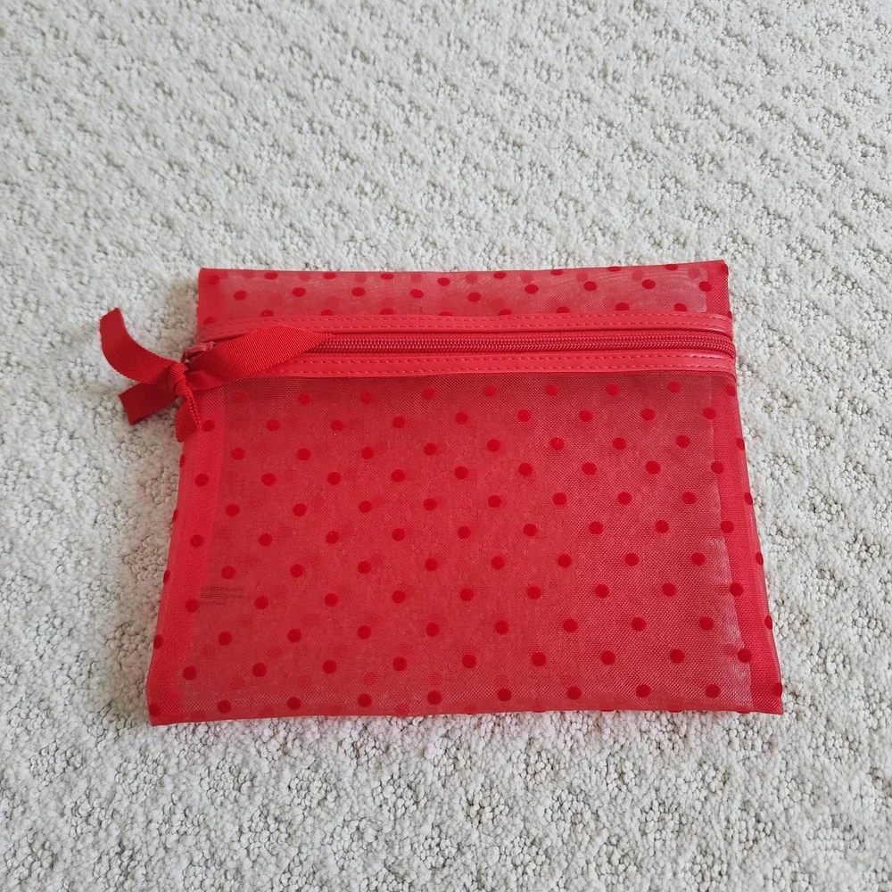 Red Mesh Polka Dot Makeup Bag Velvet Flocked Cosmetic Pouch Ribbon Zipper Pull